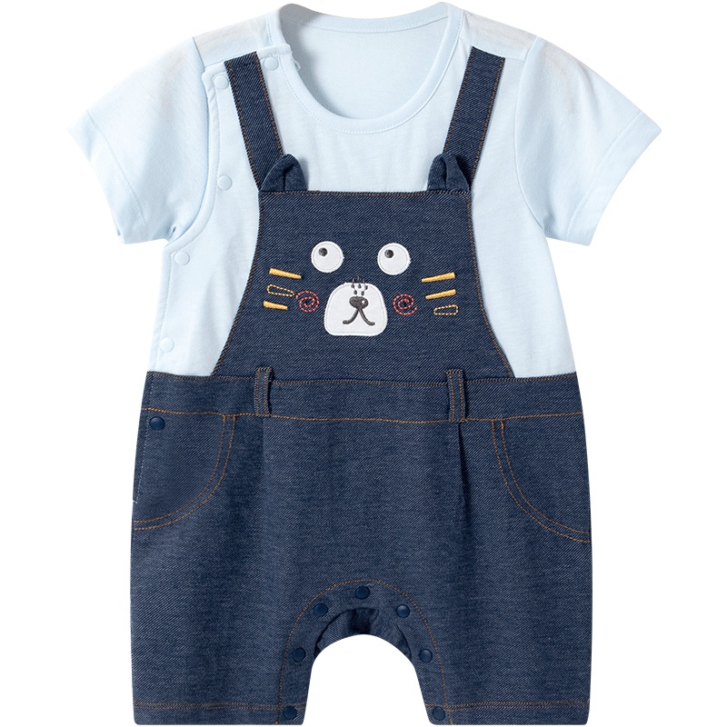 哈贝比新生儿衣服男宝宝外出服牛仔哈衣婴儿连体衣长袖爬服潮背带