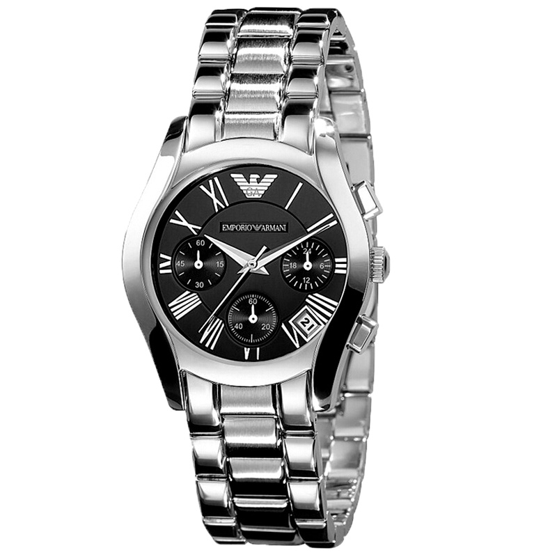 阿玛尼 黑色三眼表盘银色精钢表带女士石英腕表 AR0674 银色