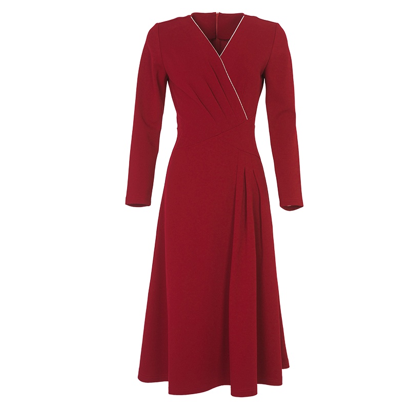 晚白2021春季新品时尚修身显瘦典雅V领高腰A字纯色通勤连衣裙女