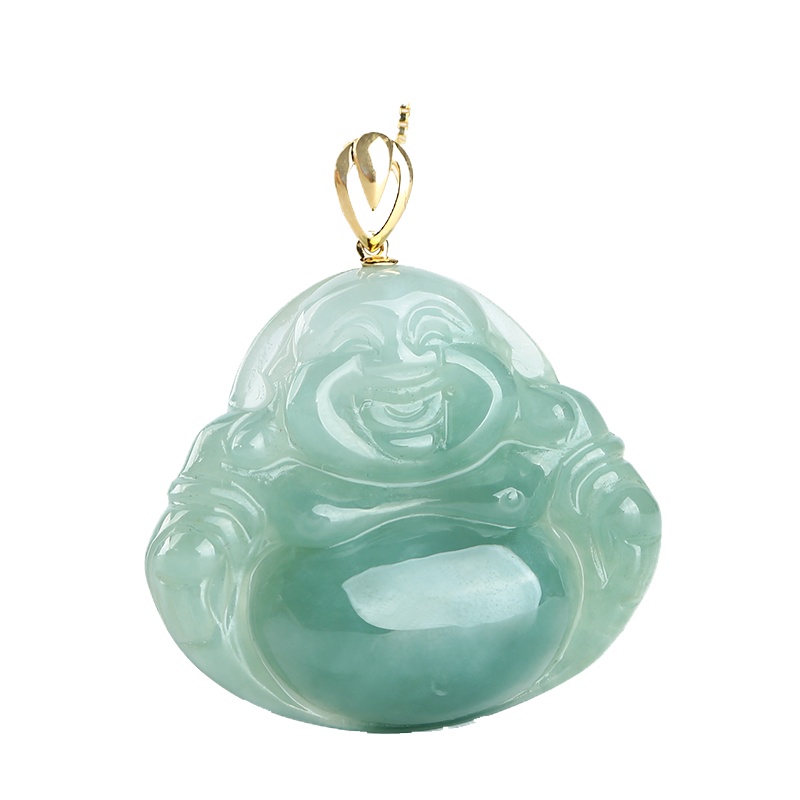 印象眸 A货翡翠佛公玉吊坠18k金镶玉弥勒佛挂件大肚笑佛玉石坠子女款附送证书