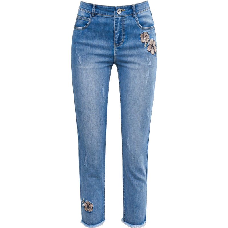 娅丽达女裤2019夏季新款七分牛仔裤女修身显瘦毛边刺绣薄款裤子I2152