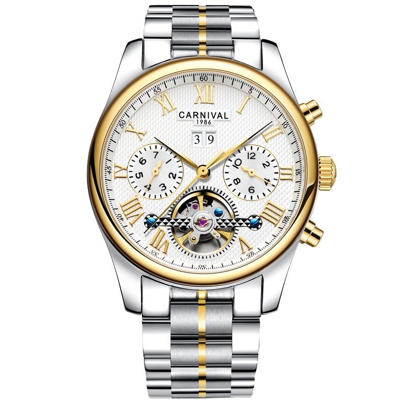 瑞士嘉年华Carnival手表新款男士全自动机械表 男防水飞轮休闲时尚皮革表带男表精钢复古镂空表罗马刻度H670G