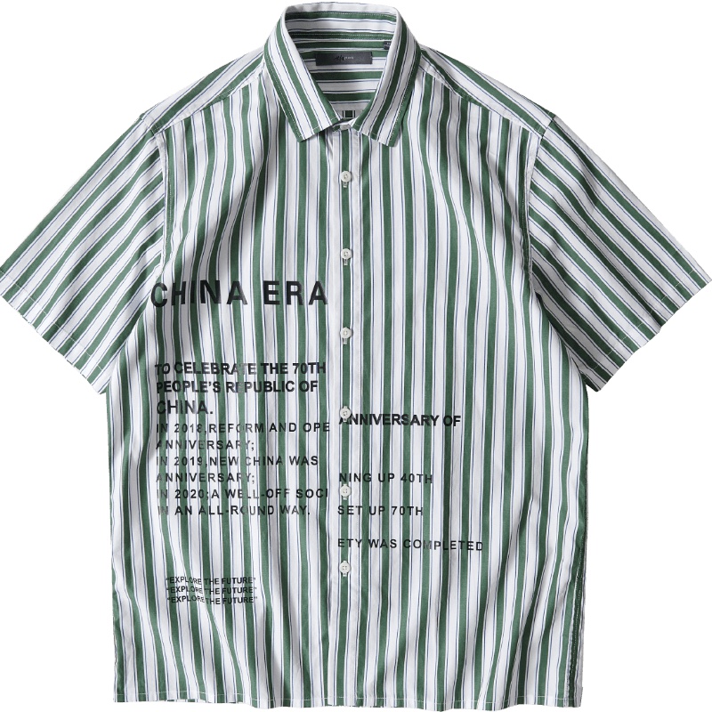 黑鲸【男女同款】字母印花竖条纹短袖衬衫2019夏季短衬CNECJ29003A