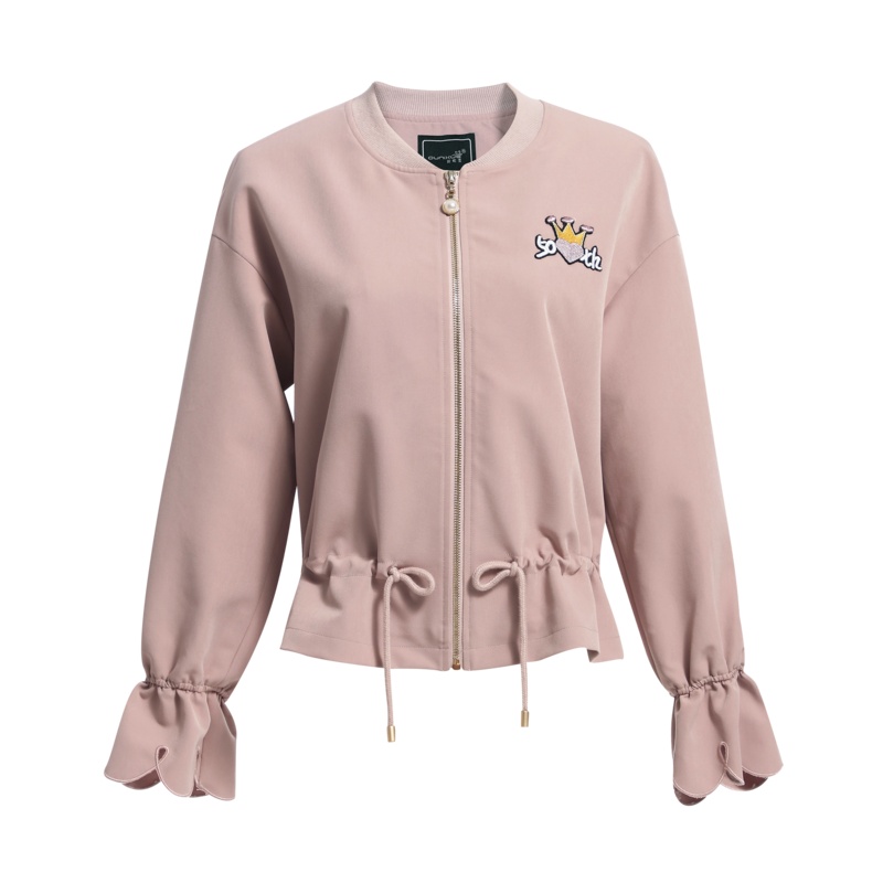 欧昵雪绣花抽褶高腰短款外套女长袖花瓣袖棒球服