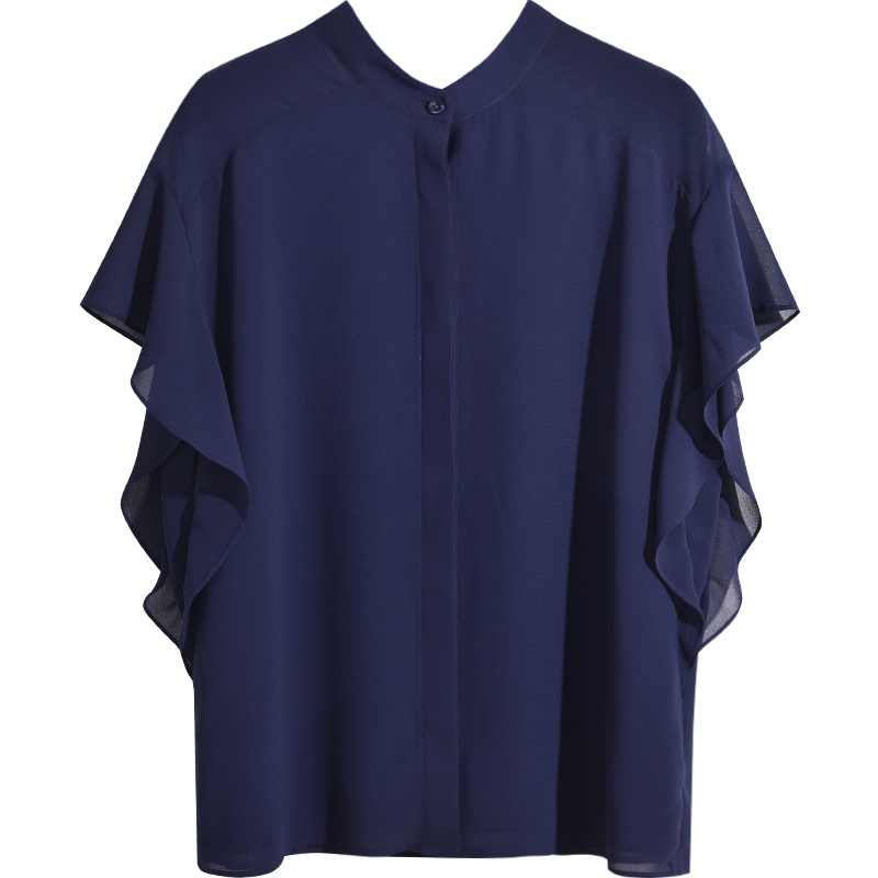 娅丽达女装2019夏季新款纯色雪纺衫女短袖宽松立领韩版时尚小衫I6108