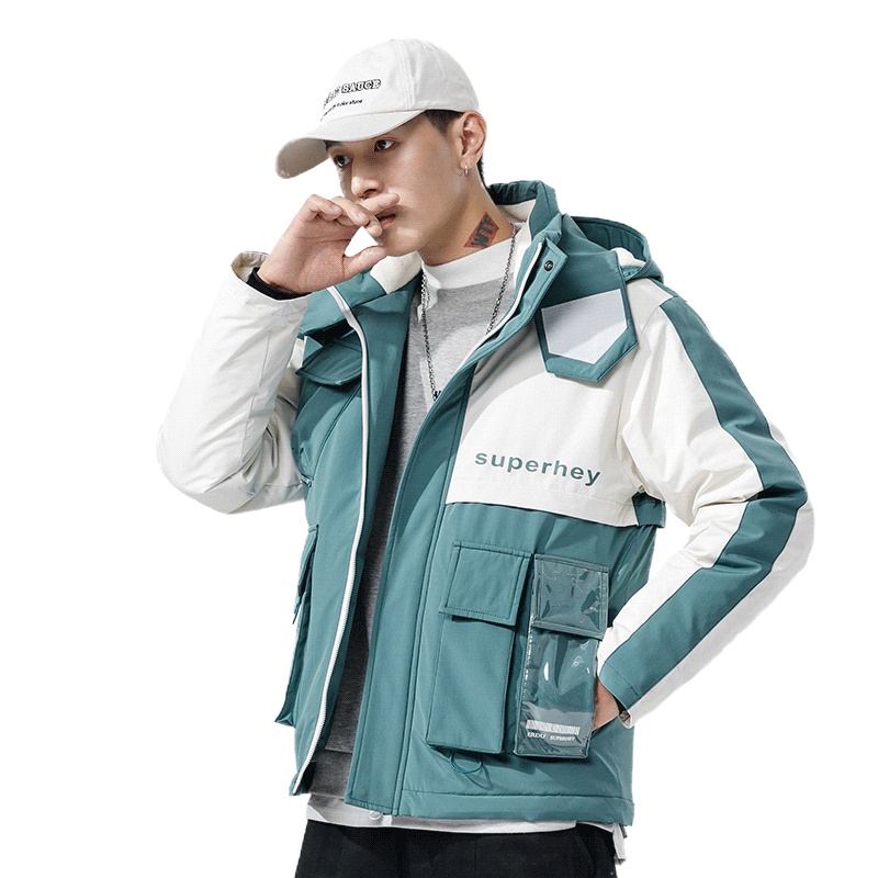 manloric羽绒服男2022冬季工装潮牌大口袋ins拼色连帽保暖羽绒男装国潮百搭时尚白鸭绒外套WSL-629