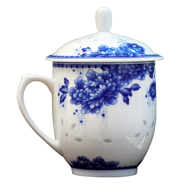 古镇陶瓷大容量水杯办公对杯茶杯陶瓷青花玲珑杯带盖泡茶杯简约国色天香