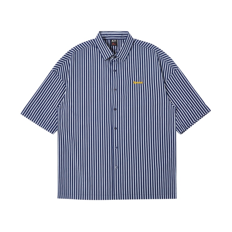 A21夏季2021新款男装 宽松落肩中袖衬衣情侣衬衫女竖条纹上衣潮牌