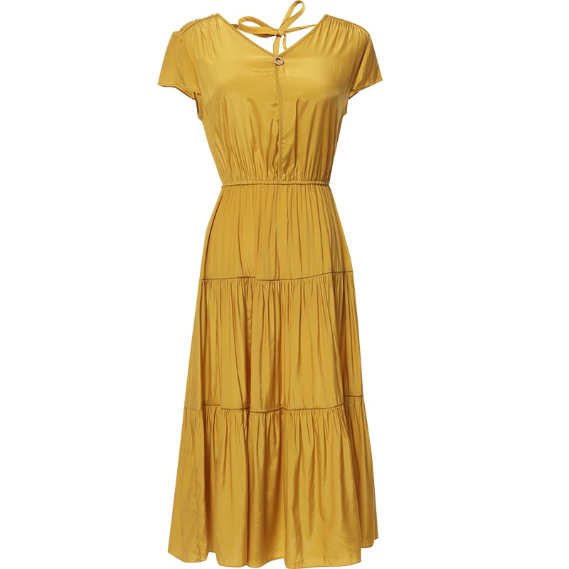 欧昵雪夏季气质v领后背系带短袖收腰连衣裙女显瘦a字裙子