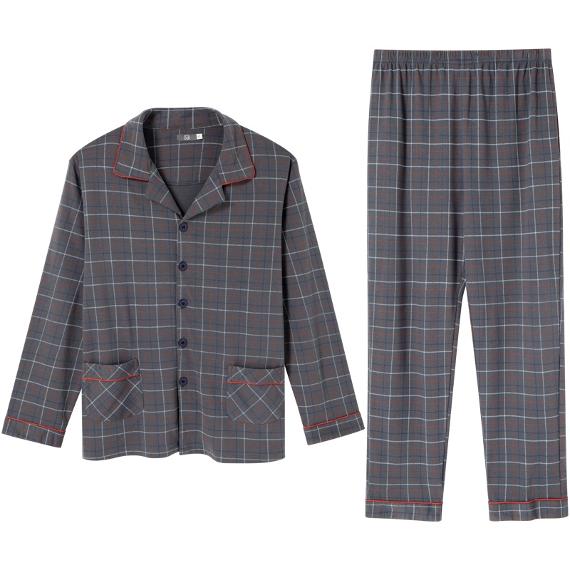 爱帝秋新款长袖睡衣男纯棉家居服格子宽松小翻领居家服两件套
