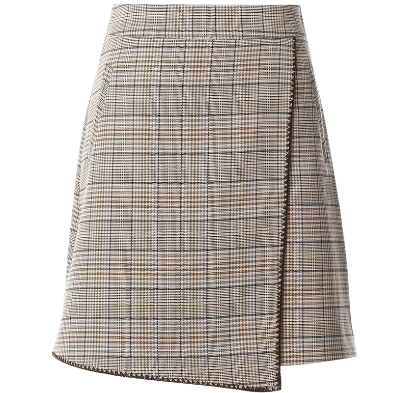 欧昵雪秋季韩版显瘦不对称不规则格子半身裙女高腰短裙