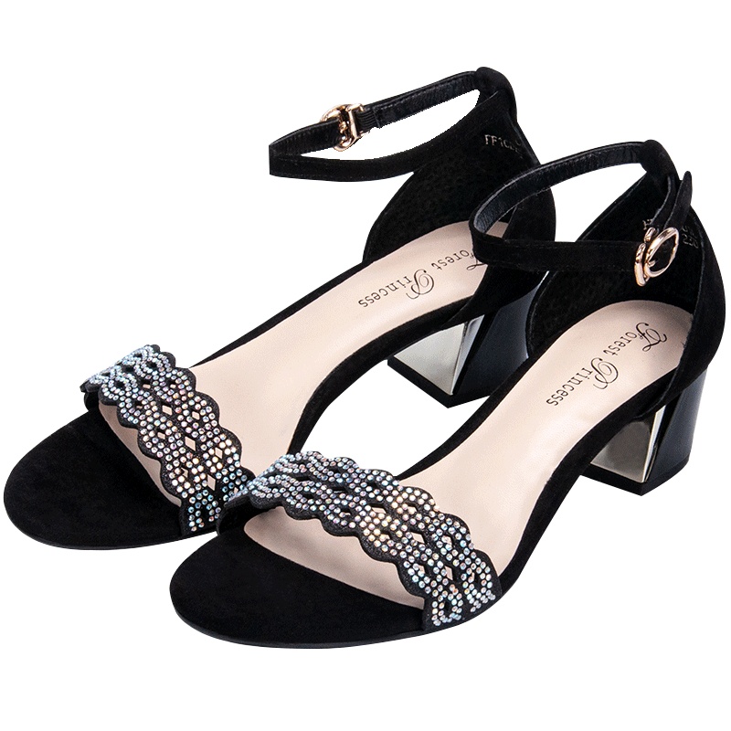 森林公主中跟凉鞋女夏新款镂空烫钻韩版百搭chic一字凉鞋女粗跟