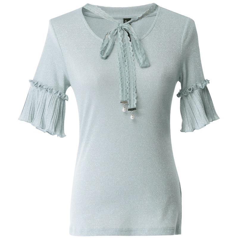 欧昵雪夏季木耳边拼接百褶喇叭袖蕾丝系带圆领T恤女短袖