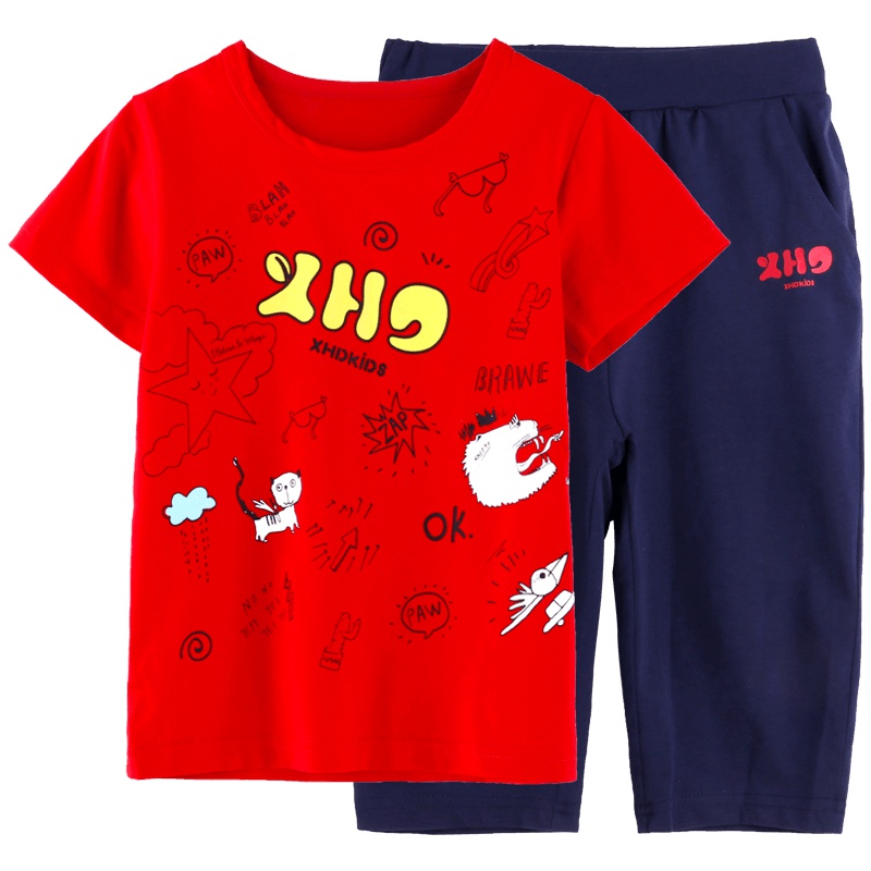 小红豆童装男童短袖套装新款T恤夏装宝宝中大童七分裤运动裤套装潮