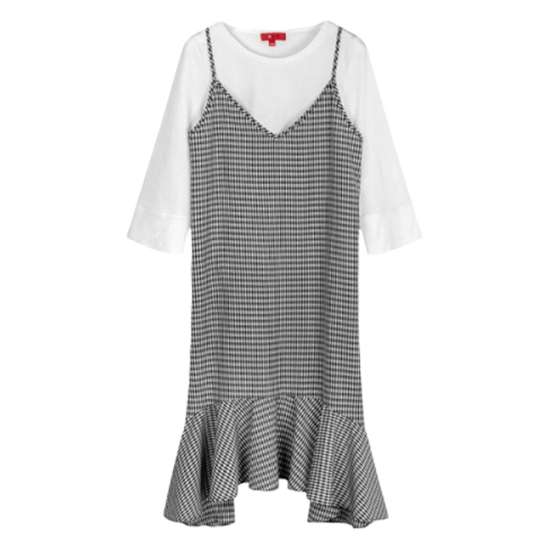 7.Modifier韩版高腰连衣裙女春季新款针织衫格子吊带裙打底衫两件套装70009858