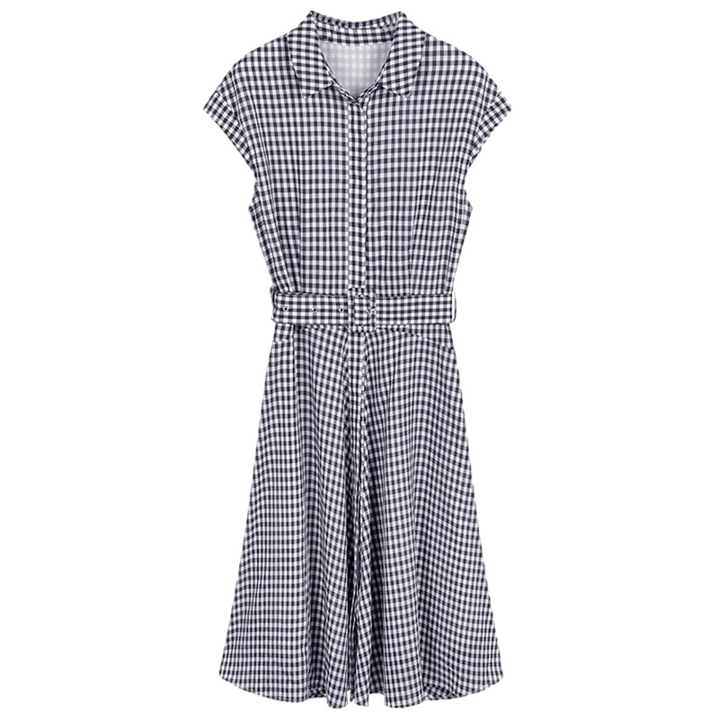 拉夏贝尔无袖文艺小清新连衣裙女夏装新款收腰复古格子a字裙子女学生_345 S 格子混色