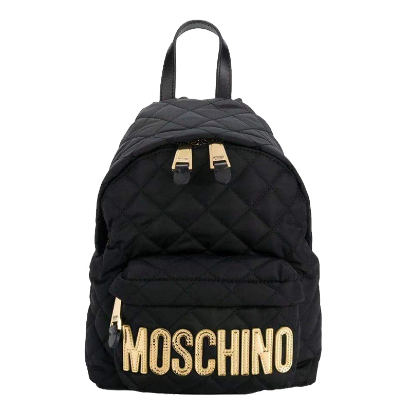 香港直邮 MOSCHINO莫斯奇诺 黑色中号徽标绗缝菱形格双肩背包女士