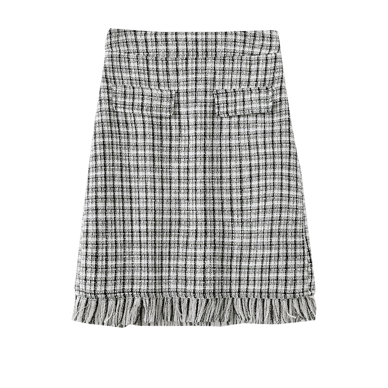 晚白2021春季新品时尚小香风修身高腰格子流苏边通勤半裙半身裙女