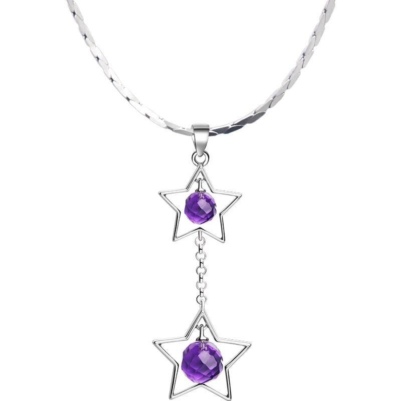 石头记幸福双星紫水晶吊坠项链S925银锁骨链送女友情人节