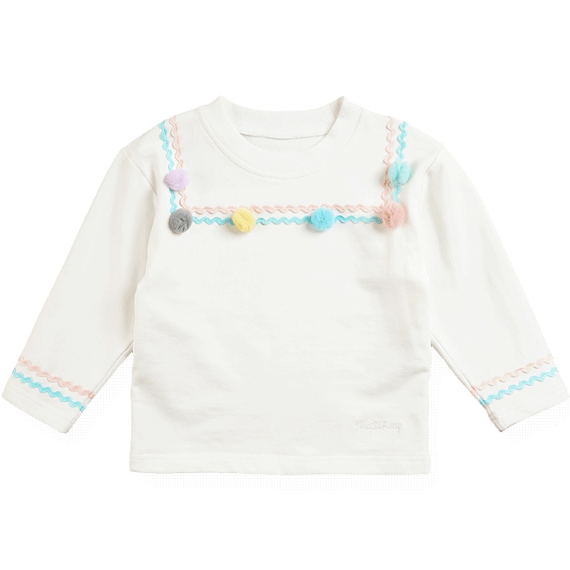 婴姿坊春季欧美风民族风可爱蕾丝小球条纹花边女童T恤