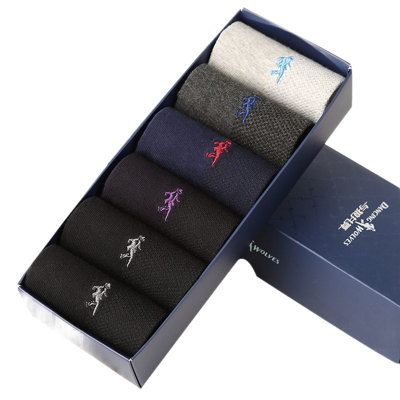 与狼共舞袜子 男士网面短袜 透气吸汗男子时尚低帮短袜 六双盒装