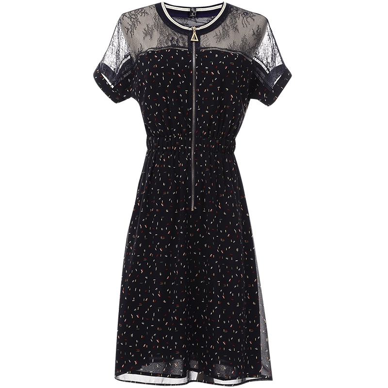 欧昵雪夏季透视蕾丝拼接拉链高腰碎花雪纺连衣裙女短袖