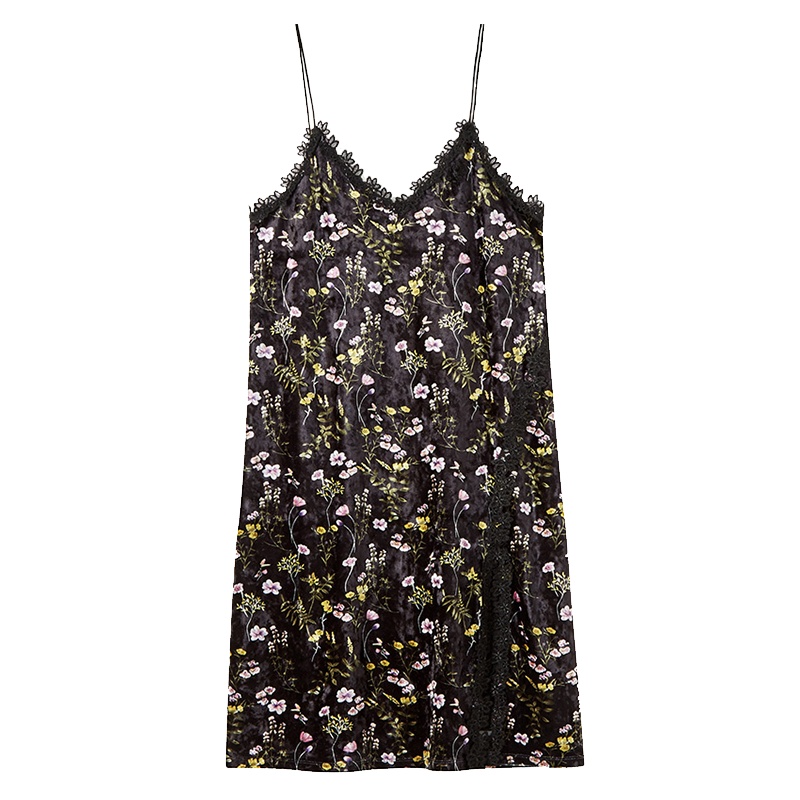 拉夏贝尔碎花连衣裙女士冬季韩版修身打底一步裙开叉气质短款吊带裙子性感30084232