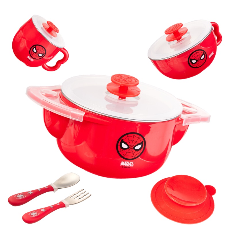 迪士尼(Disney)儿童孕婴童餐具 宝宝316不锈钢餐具 婴儿辅食碗吸盘碗叉勺子5件套 HM1633红色蜘蛛侠