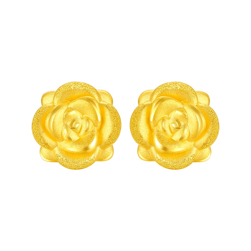 周六福珠宝3D硬金女款玫瑰花足金耳环黄金耳钉定价AD090254