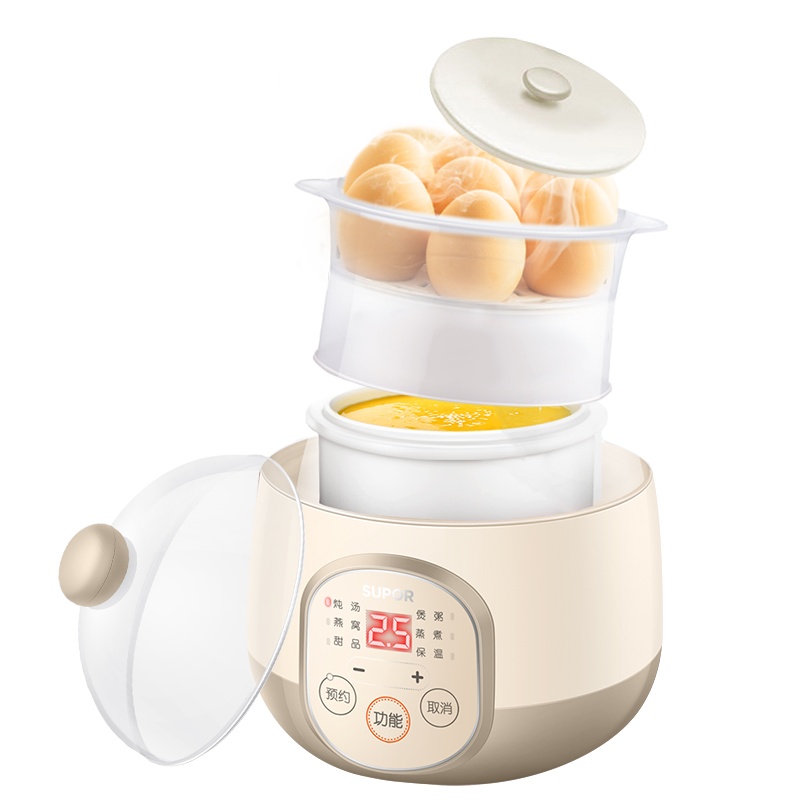 苏泊尔(SUPOR)燕窝炖盅 电炖锅 BB煲粥锅 陶瓷 迷你煲汤锅 带蒸笼 养生煲0.9L单人小炖锅DZ09YC811A