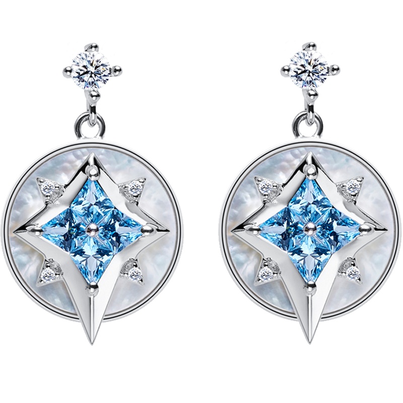 Fei Liu S925银耳钉耳坠耳环镶嵌施华洛世奇蓝色托帕石和贝母星恋系列