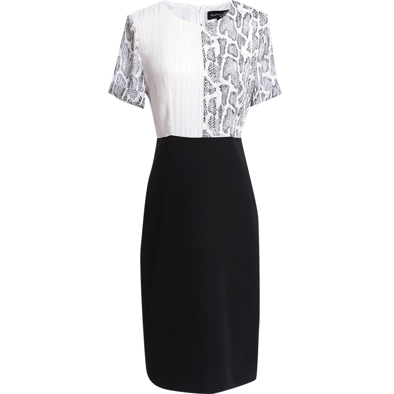 欧昵雪夏季圆领短袖高腰假两件蛇纹雪纺连衣裙女一步裙