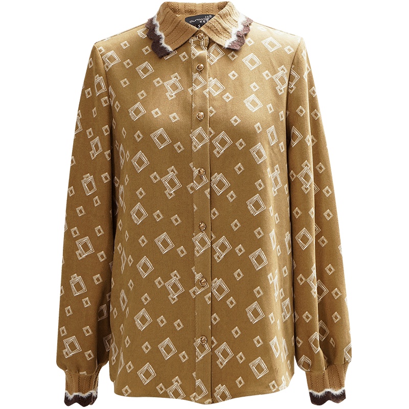 OUNIXUE欧昵雪 | [复古显瘦衬衣]秋冬季文艺仿貂毛翻领长袖几何印花衬衫女