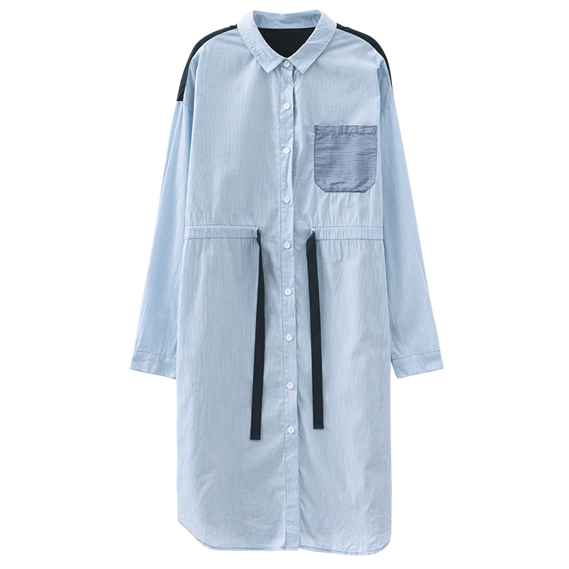 云上生活拼接收腰抽绳显瘦开衫衬衫连衣裙