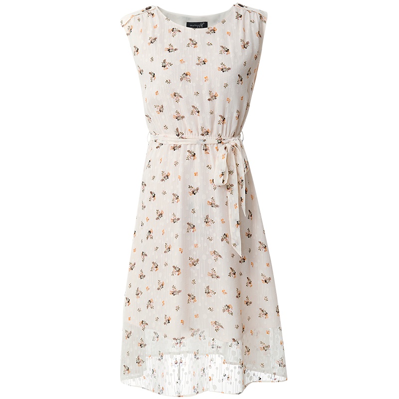 欧昵雪小清新碎花裙夏温柔风收腰系带A字无袖连衣裙女