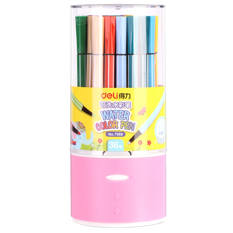 得力水彩笔36色套装可水洗大容量画笔无毒三角杆圆管六角笔杆小学生儿童初学者勾线笔幼儿园7068FEN