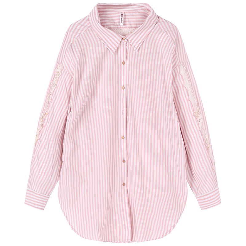 马克华菲女装2019春新条纹oversize蕾丝珠片绣花长袖衬衫