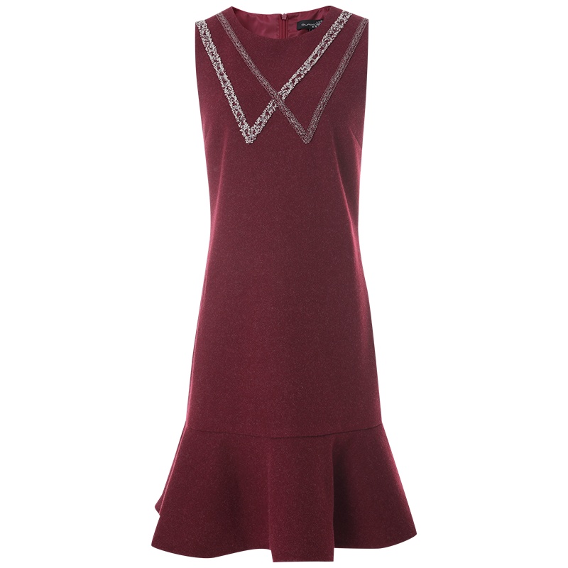 欧昵雪冬装圆领无袖收腰毛呢背心裙女显瘦呢子鱼尾连衣裙