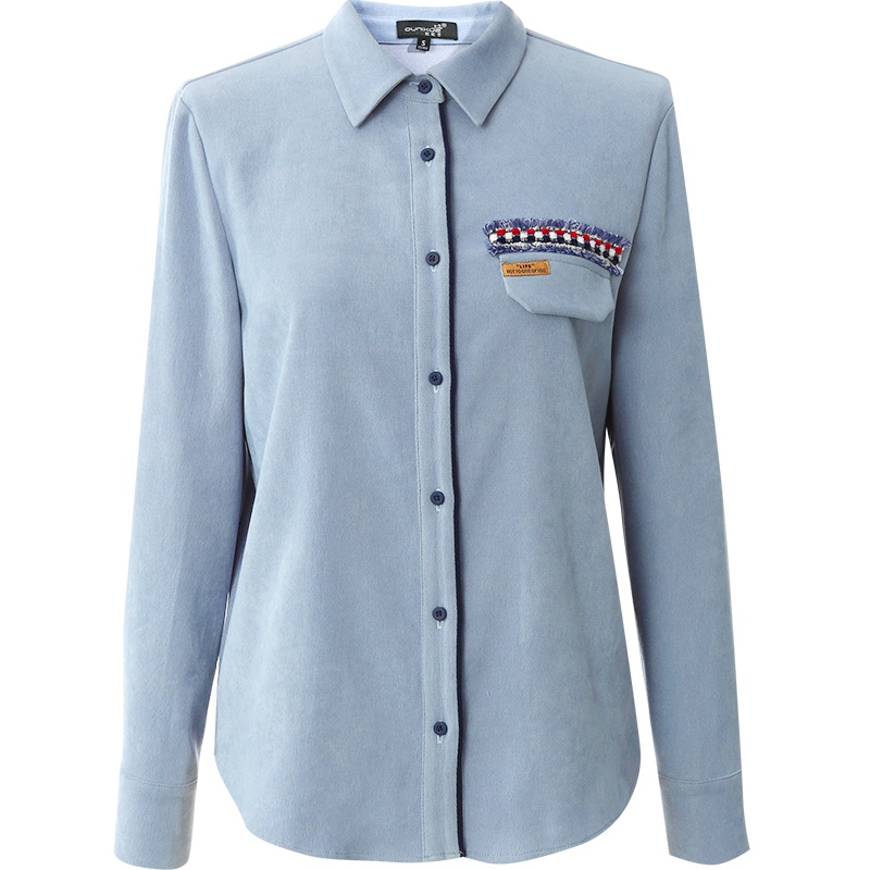 OUNIXUE欧昵雪 | [知性通勤风直筒衬衣]秋冬季休闲翻领拼接芽条袋盖衬衫女