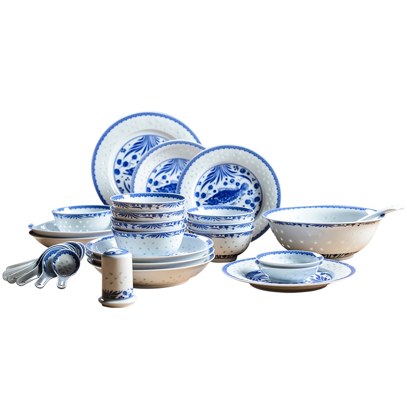古镇陶瓷景德镇中式青花玲珑瓷富贵有余饭碗家用套装碟盘餐具礼盒30头餐具富贵有余