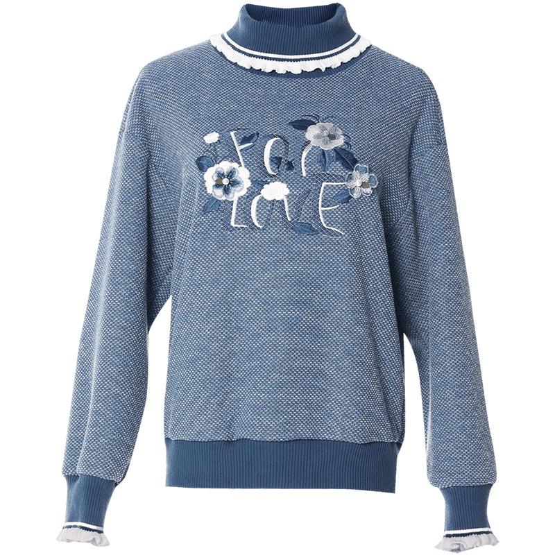 欧昵雪秋冬撞色高领落肩长袖宽松绣花卫衣女套头显瘦上衣