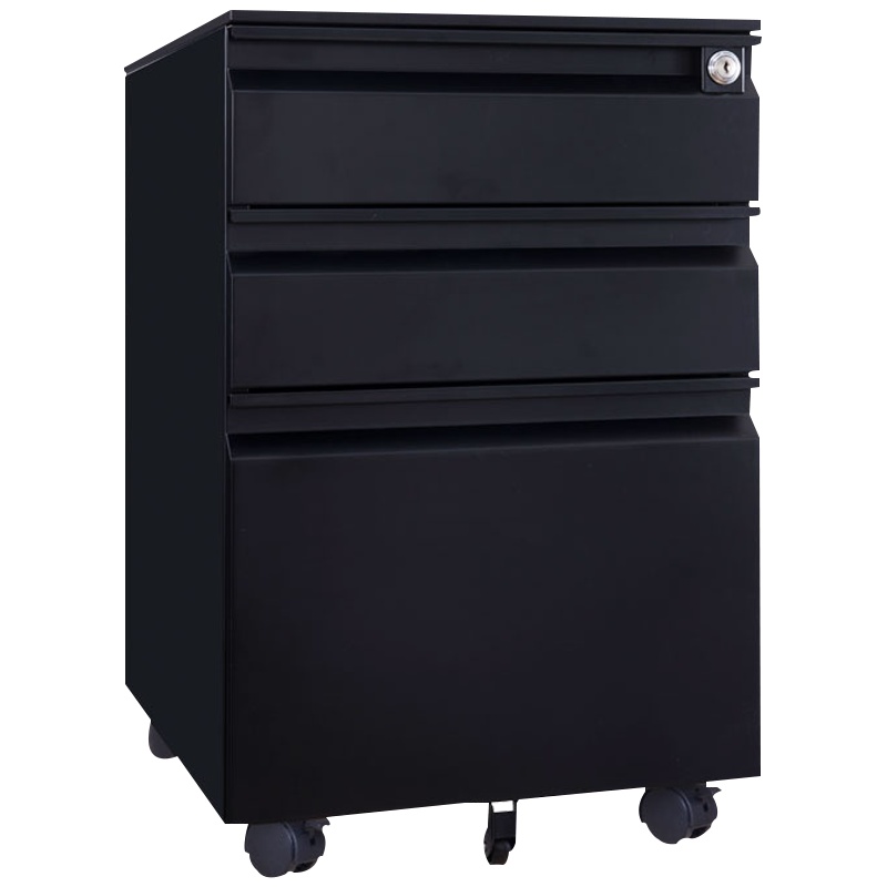 振奥 带锁移动小矮柜地柜简易活动柜小型办公文件柜办公桌下收纳抽屉柜 三抽鹅颈拉手 黑色