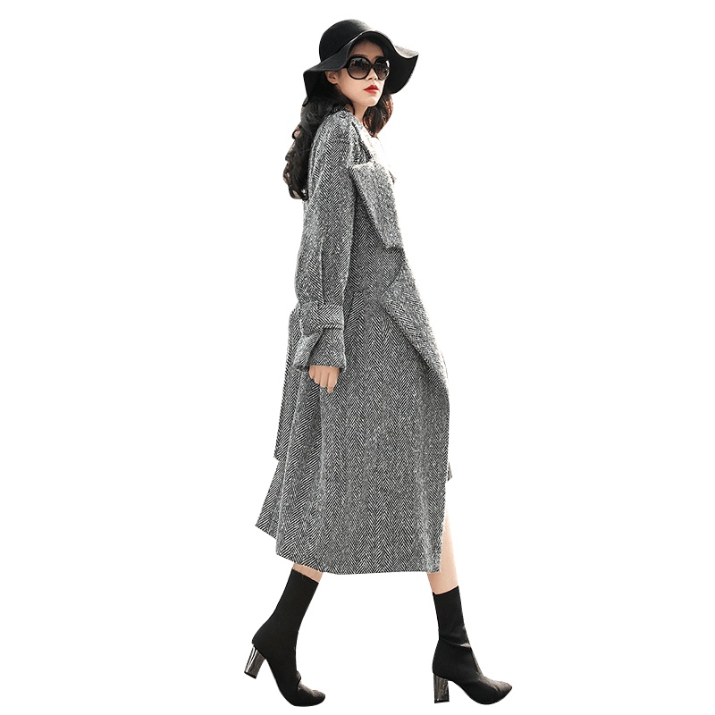 丝柏舍2019冬装女韩版翻领人字纹长袖修身气质中长款毛呢大衣S94B6163D