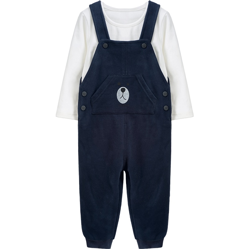 婴姿坊男童春秋两件套纯色圆领上衣肩带可调节熊熊吊带裤子