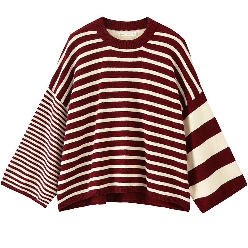 茵曼2019秋季新款文艺时尚不规则条纹毛衣女宽松慵懒风套头喇叭袖