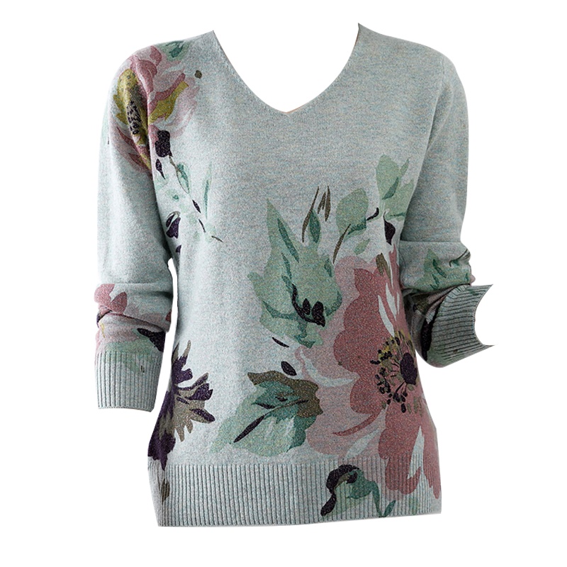圣妮曼羊毛秋冬V领保暖套头印花打底衫毛衣