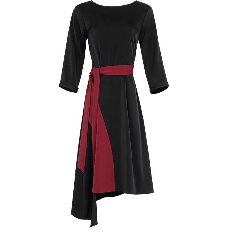 晚白2021春季新品时尚个性拼色圆领修身显瘦A字不规则连衣裙女