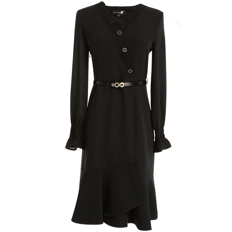 欧昵雪V领法式桔梗裙女喇叭袖高腰不规则鱼尾连衣裙