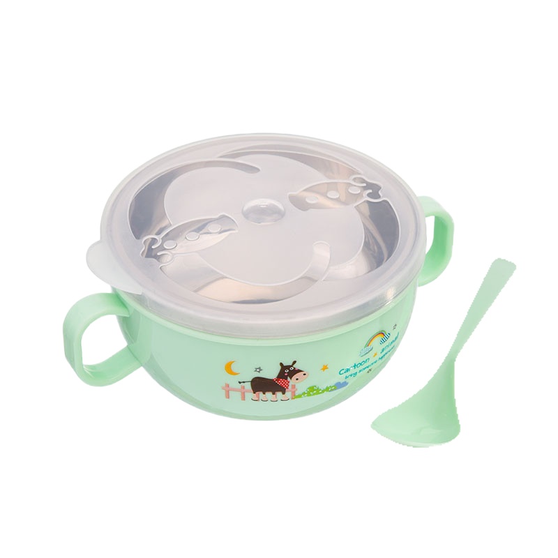 儿童餐具套装宝宝注水保温碗吃饭碗不锈钢防摔碗婴儿辅食碗勺 300ml双耳碗[绿] 敬平
