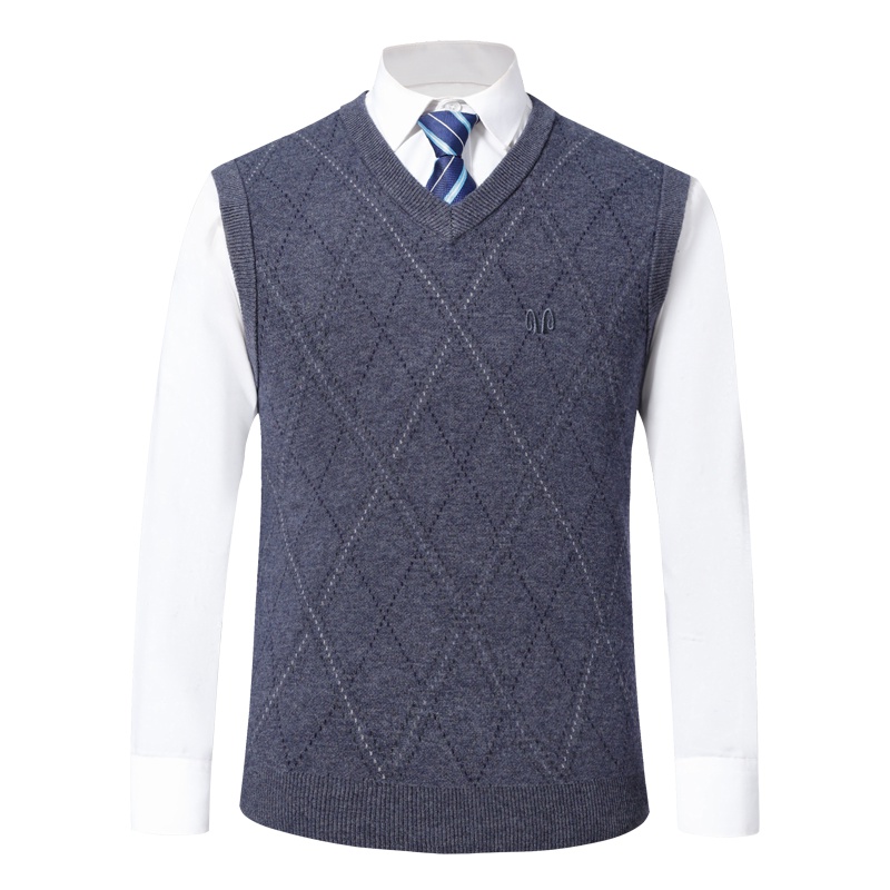 恒源祥男士羊毛马甲秋冬新款中年男士纯羊毛背心V领针织毛衣坎肩马甲